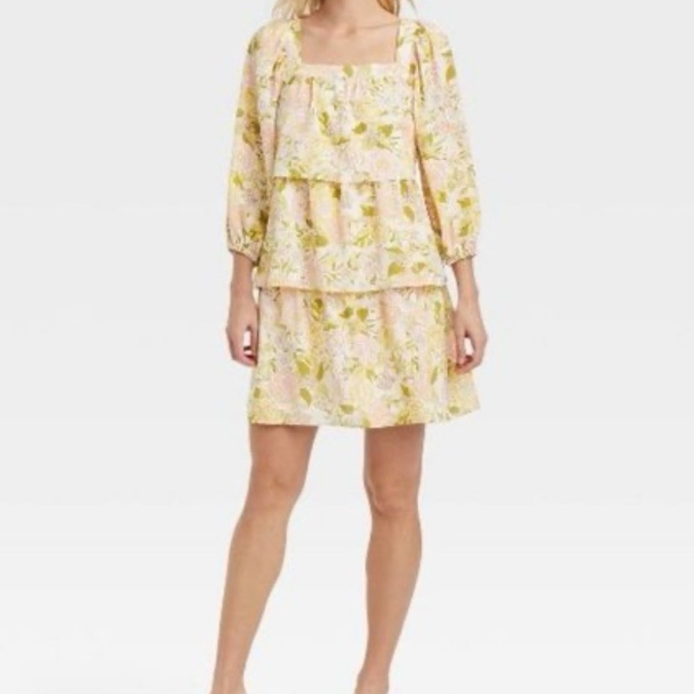 Who What Wear Tiered Floral Mini Dress - Sage & Blush Botanical - Size‎ Medium